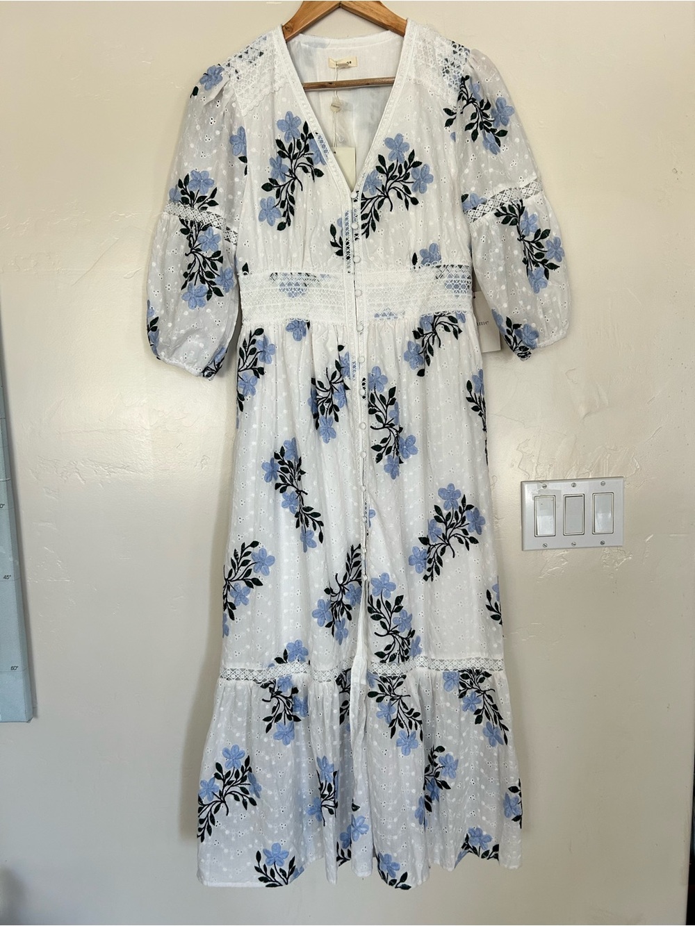 Bohme NWT Embroidered Floral Maxi Dress S Small White Blue Cotton Lined